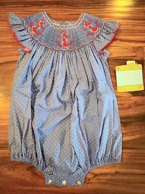 NWT Velani By Anavini Polka Dot Anchor Smocked Bishop Bubble Romper 18 Months